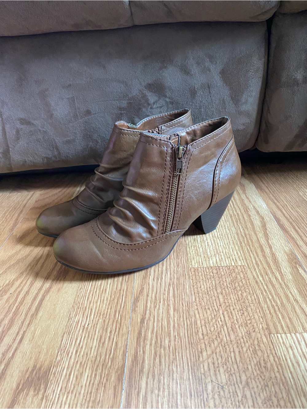 Call It Spring Brown Ruched Faux-Leather Ankle Booties with Side Zip